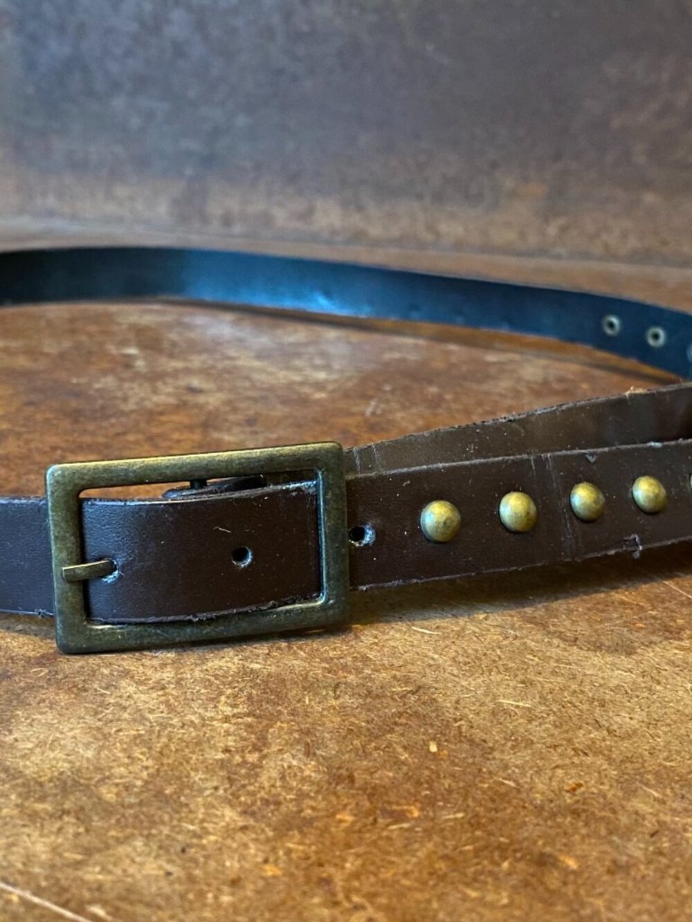 Vintage 70s brown leather belt with brass-toned studs buckle O ring loops hippie